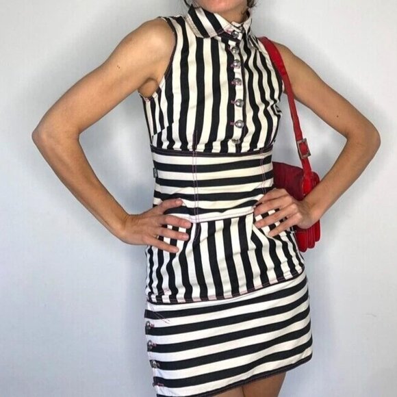 MOSCHINO JEANS BLACK WHITE STRIPED PINK STITCH BUTTON VINTAGE 1990S DRESS USA 8 - Picture 6 of 16